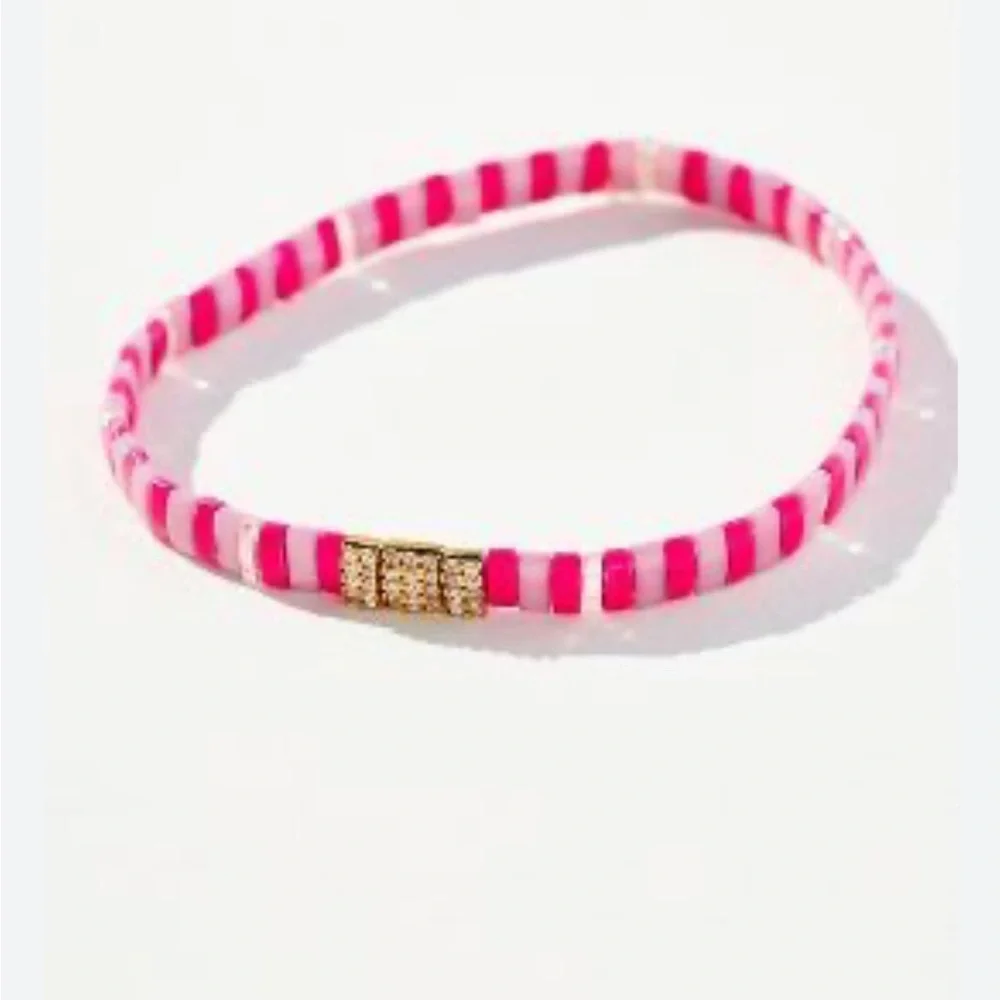 Anthropologie Pink Beaded Stretch Bracelet with Gold Accent